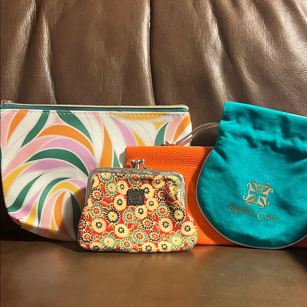 Rustic Cuff Teal Drawstring & Orange Floral Coin … - image 1